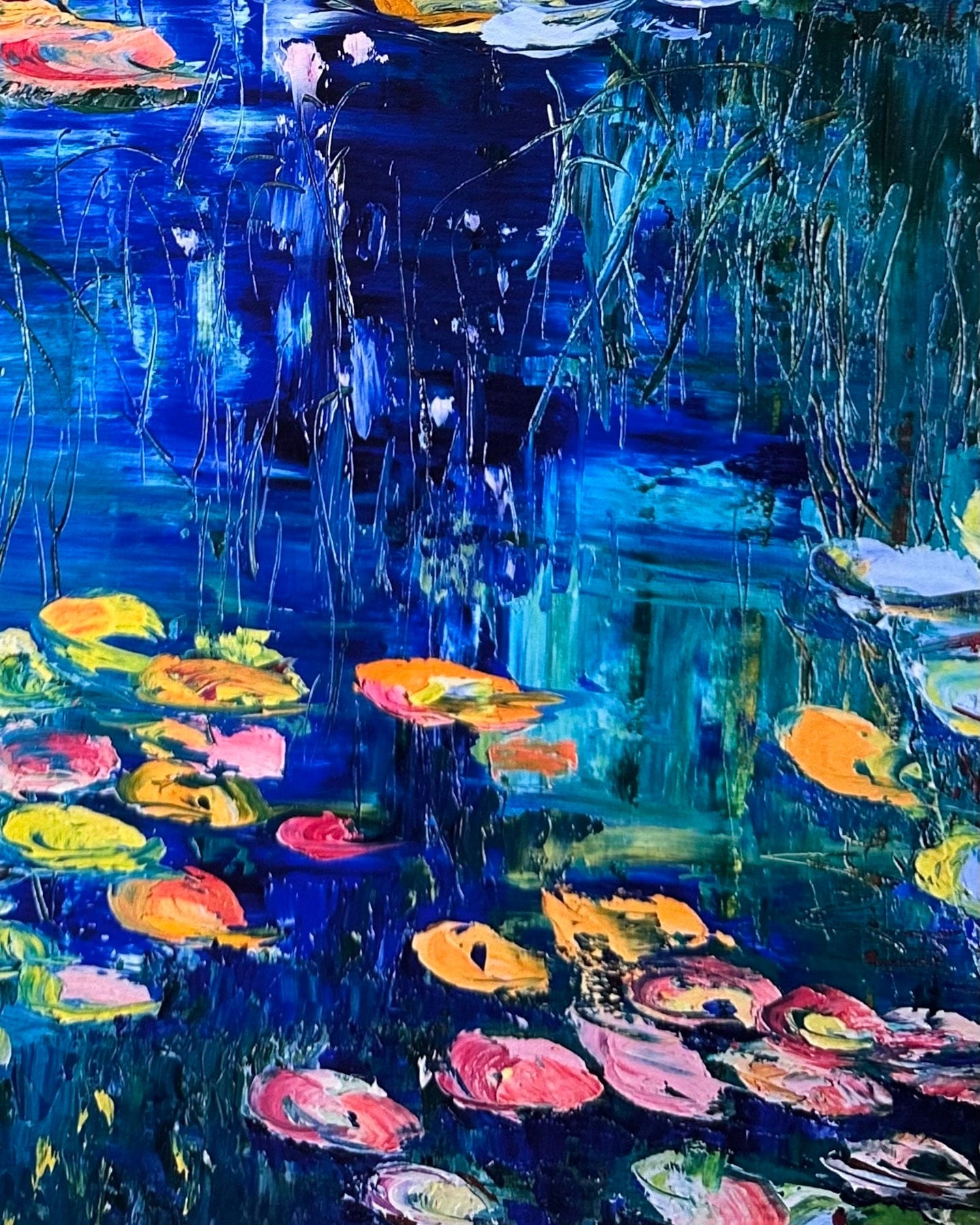 Detail view of the “Water Lily Pond” impressionist water lily painting by Maria-Victoria Checa, showing textured brushstrokes, vibrant pink and yellow lily pads, and deep blue reflective water.