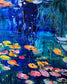 Detail view of the “Water Lily Pond” impressionist water lily painting by Maria-Victoria Checa, showing textured brushstrokes, vibrant pink and yellow lily pads, and deep blue reflective water.
