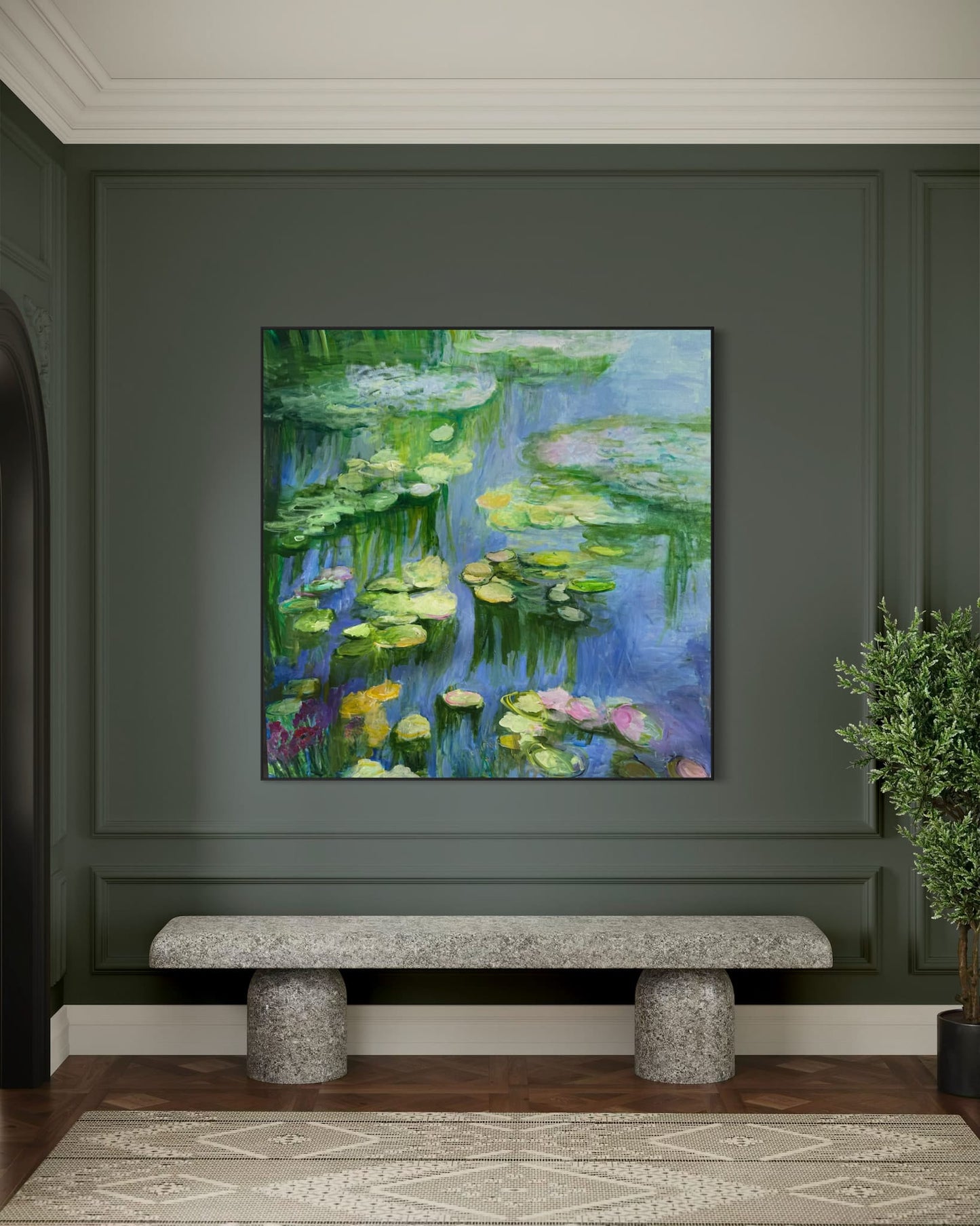 "Water Lily Pond" original acrylic painting by Maria-Victoria Checa hanging on a dark forest green paneled wall above a stone bench — large impressionist water lily art by Checa Art, Washington DC.