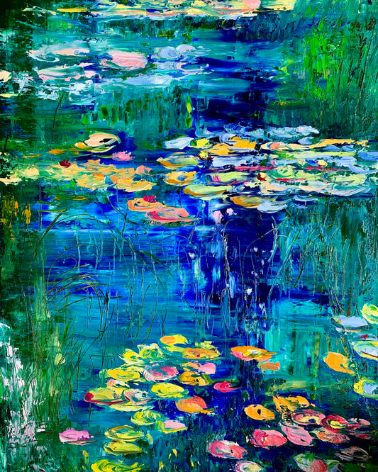 Water Lily Pond” impressionist water lily painting by Maria-Victoria Checa, featuring layered blues, greens, and colorful floating lily pads in textured brushstrokes.