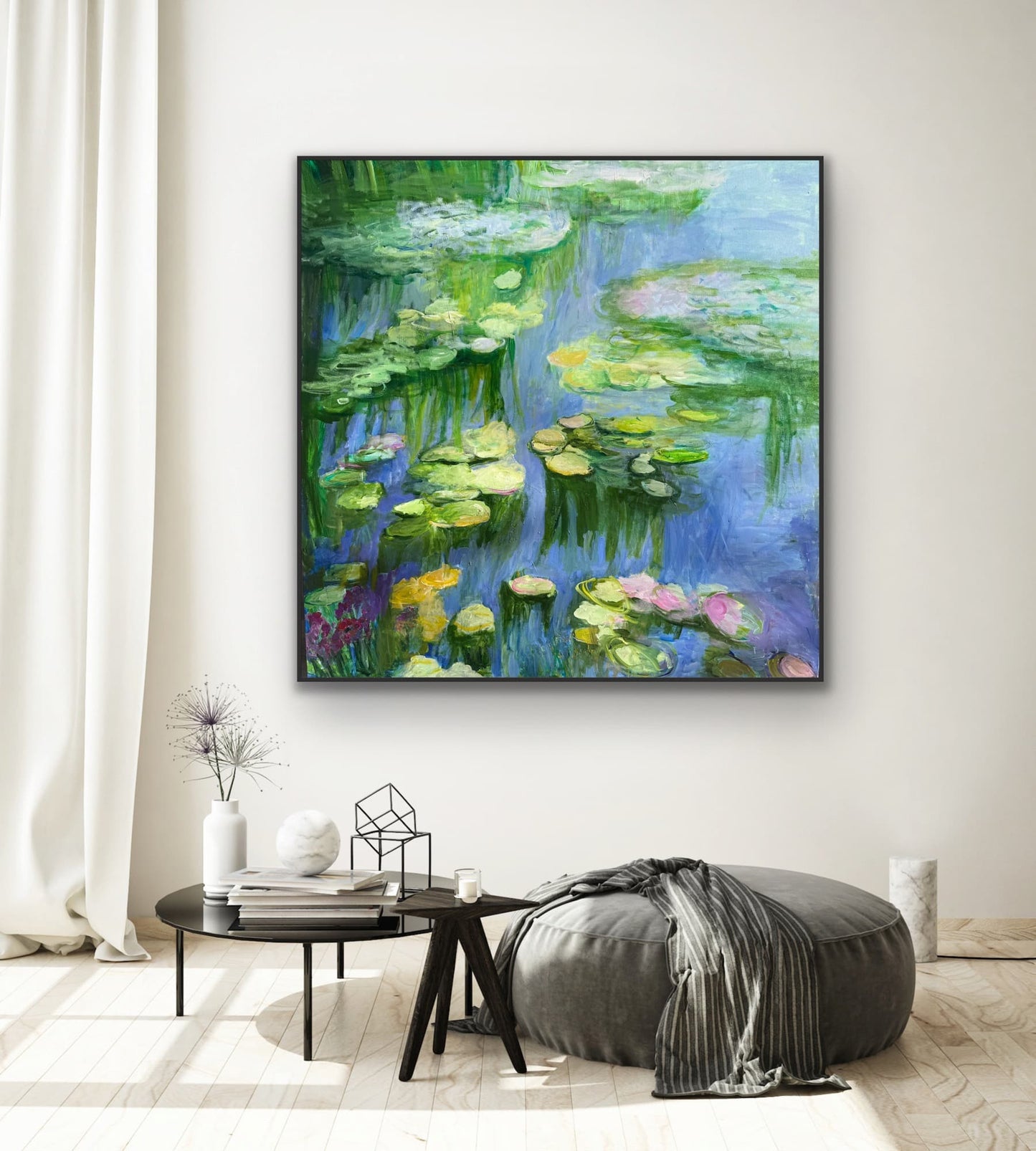 "Water Lily Pond" large original acrylic painting by Maria-Victoria Checa displayed in a black float frame in a modern white living room — impressionist water lily pond art, 48×48, by Checa Art.