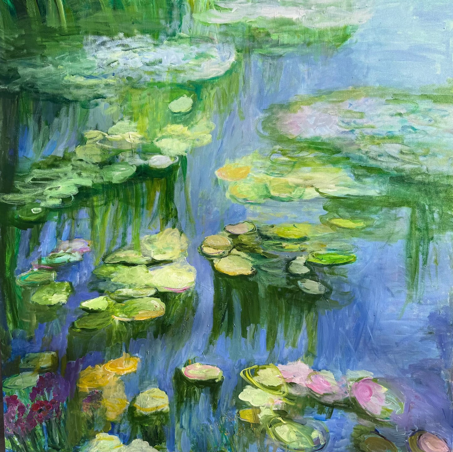 "Water Lily Pond," a 48×48 original acrylic painting by Maria-Victoria Checa featuring lily pads, pink water lily blooms, and shimmering blue-green water reflections — impressionist large-scale wall art by Checa Art.