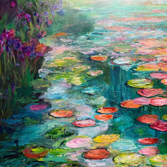 Detail close-up of “Waterlily Garden,” an impressionist water lily painting by Maria-Victoria Checa showing vibrant teal water, textured lily pads, and bold pink, orange, and green brushstrokes inspired by Monet’s garden scenes.