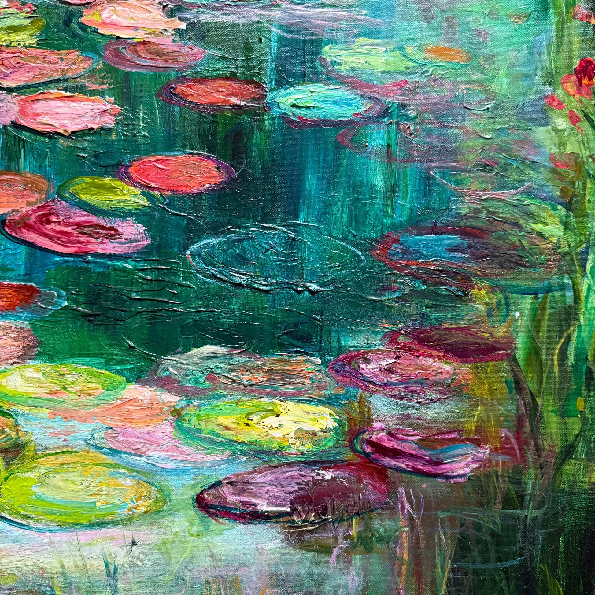 Close-up detail of Waterlily Garden, an impressionist water reflection painting by Maria-Victoria Checa featuring vibrant lily pads and textured teal-green water.