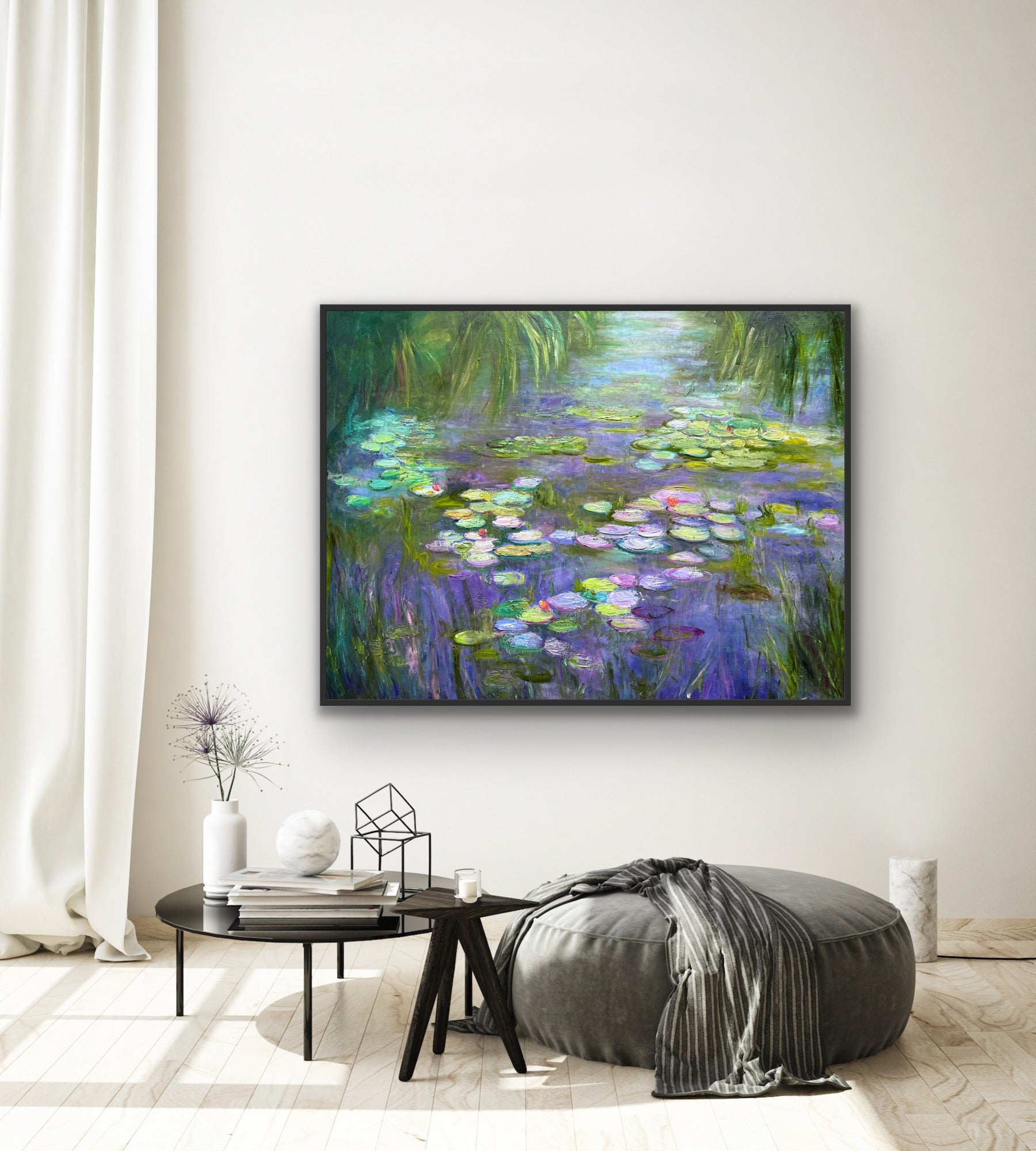 Framed artwork of water lilies in a modern living room setting