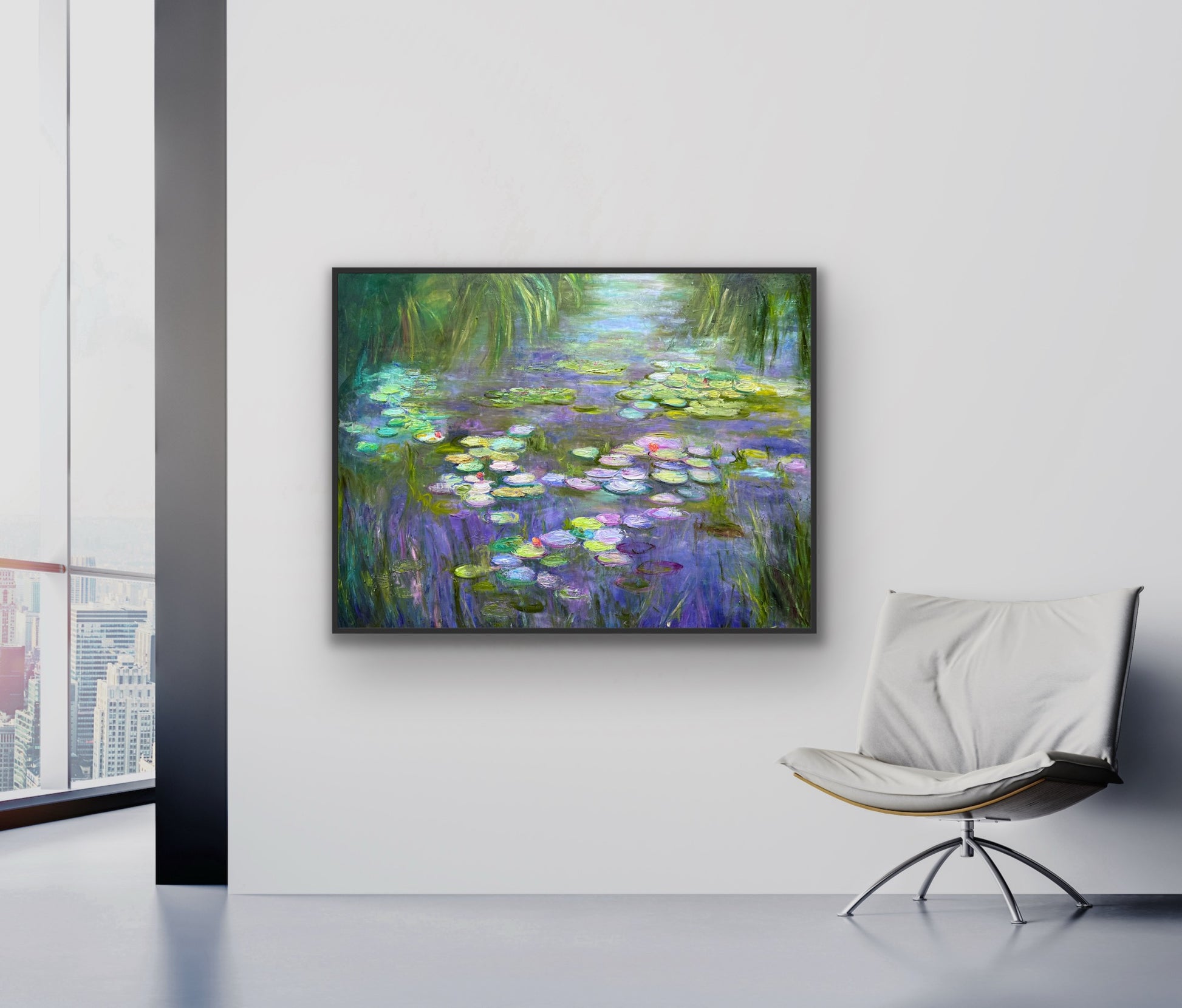 Framed painting of a waterlily pond in a modern room with a chair.