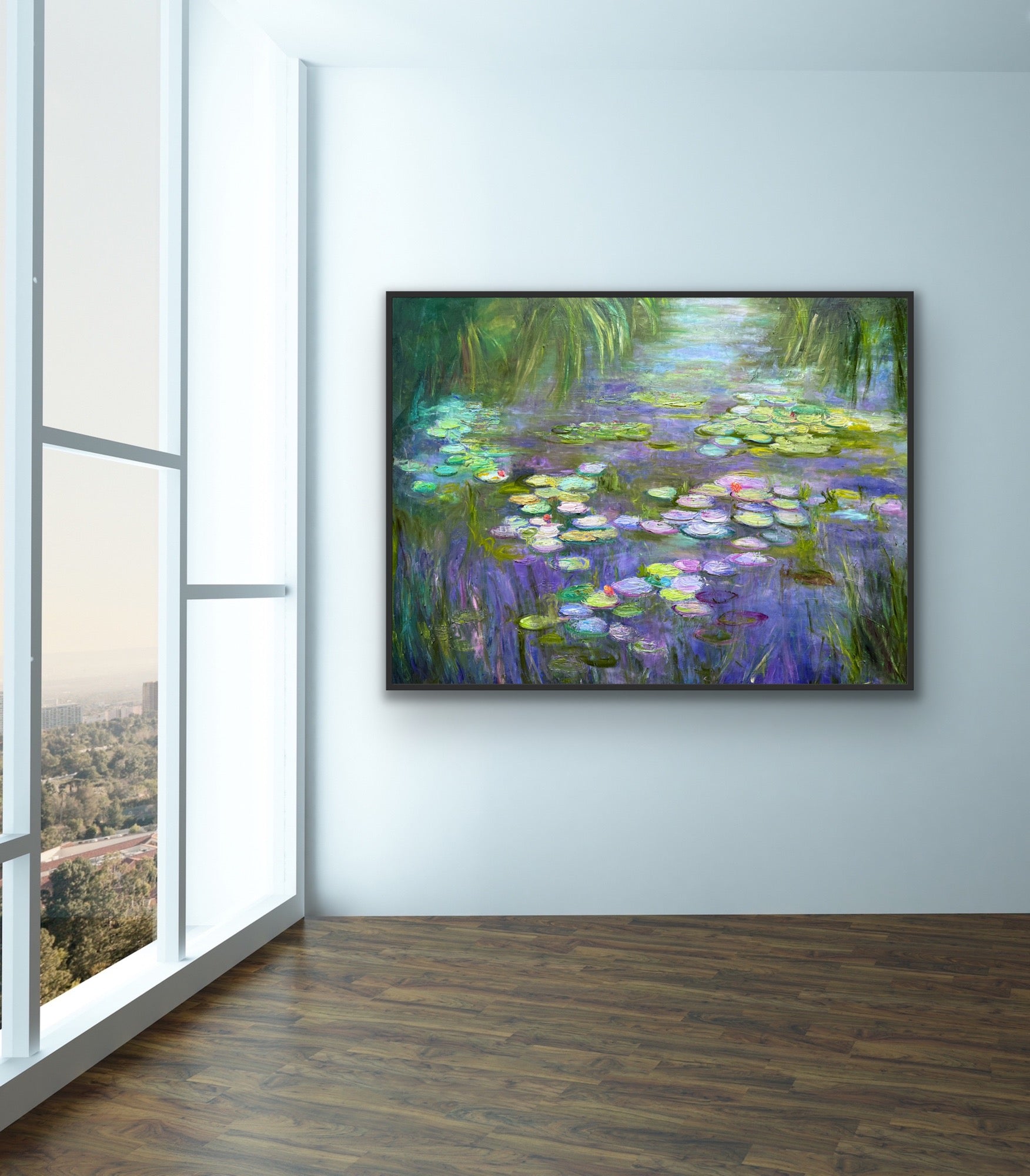 Framed painting of a lily pond in a room with large windows.