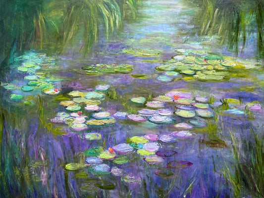 Painting of water lilies on a pond with green foliage.