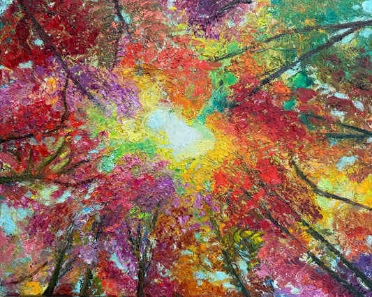 Welcome, Fall! original oil painting by Maria-Victoria Checa featuring a vivid autumn tree canopy viewed from below, with layered palette-knife foliage in crimson, orange, purple, and gold radiating from a bright sky opening at center, tree branches crossing overhead.