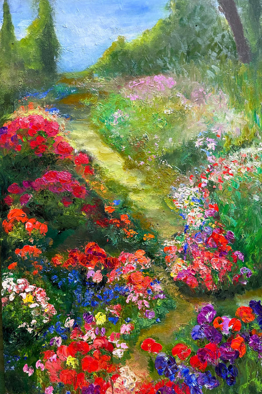 Whimsical Path impressionist flower path painting by Maria-Victoria Checa, textured oil landscape with colorful blooms and greenery.