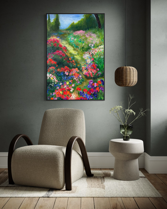 Whimsical Path painting above a modern boucle accent chair, textured impressionist flower path artwork