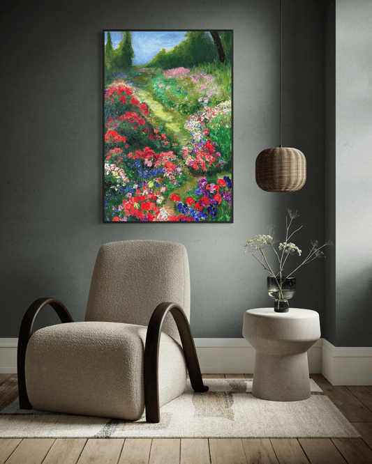 Whimsical Path painting above a modern boucle accent chair, textured impressionist flower path artwork