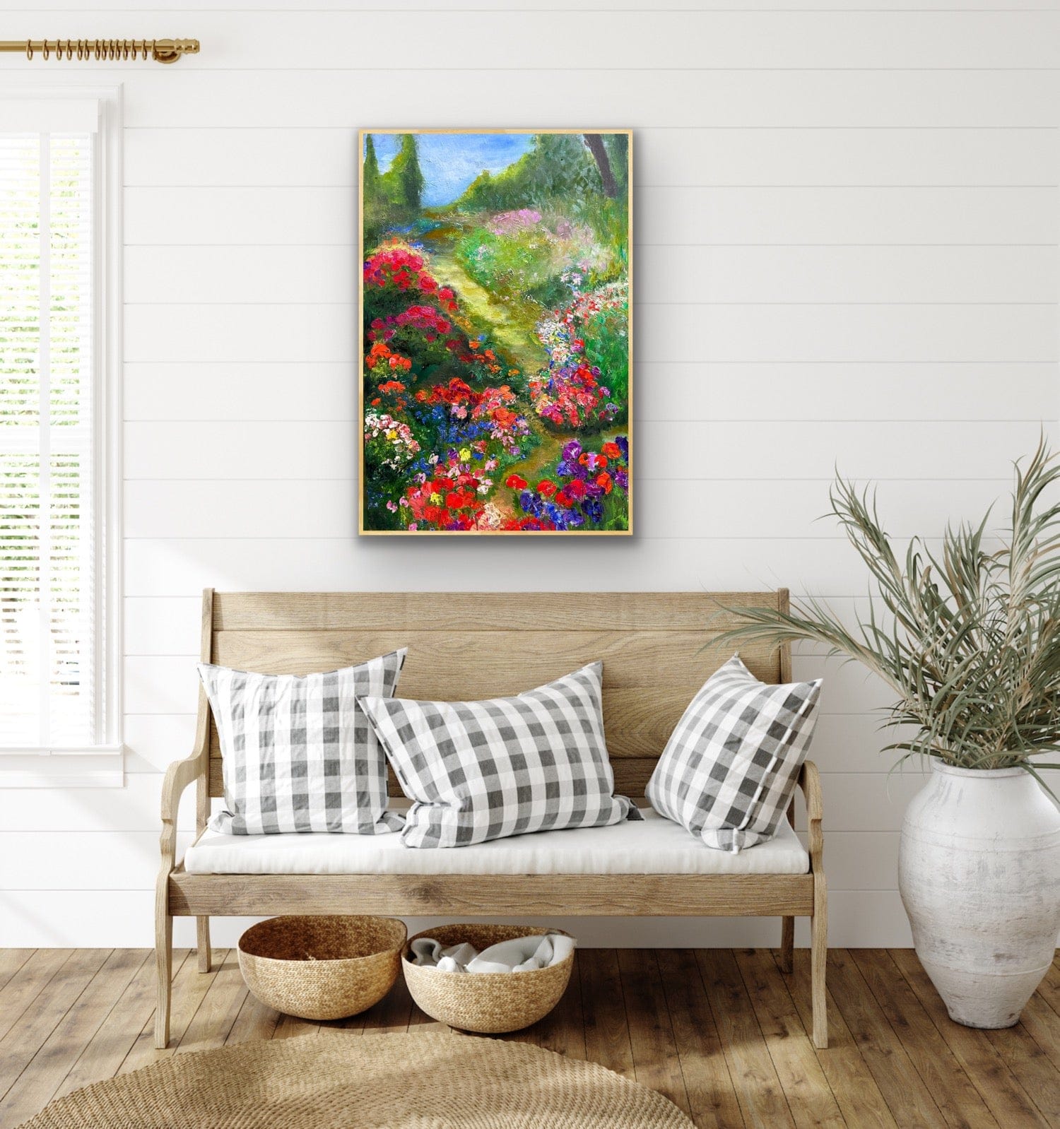 Whimsical Path impressionist painting in a farmhouse entryway with wood bench and plaid pillows.