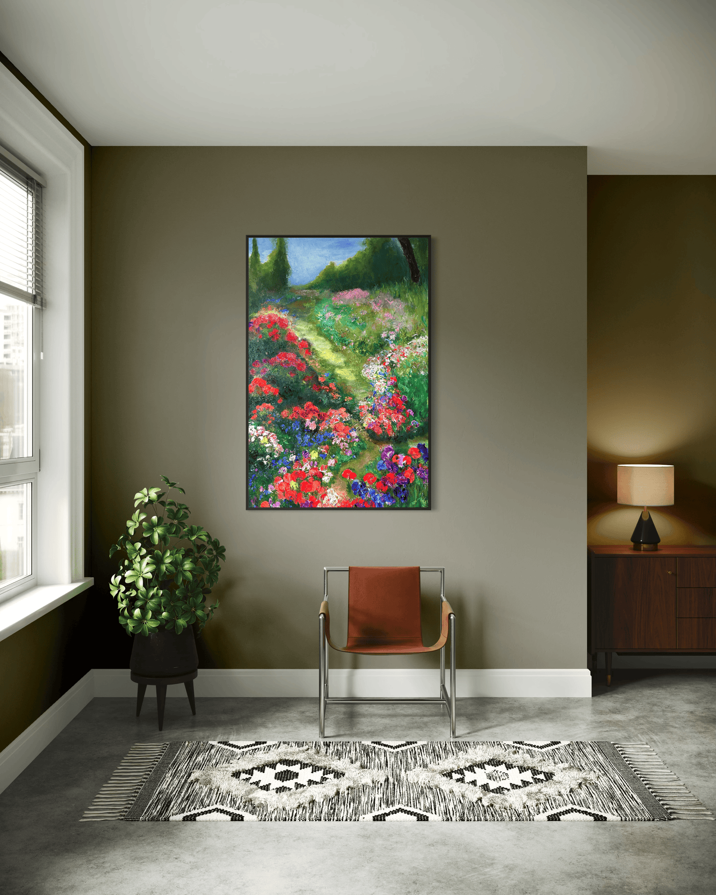 Whimsical Path painting displayed in a modern living room with olive walls and leather chair, impressionist flower path artwork.