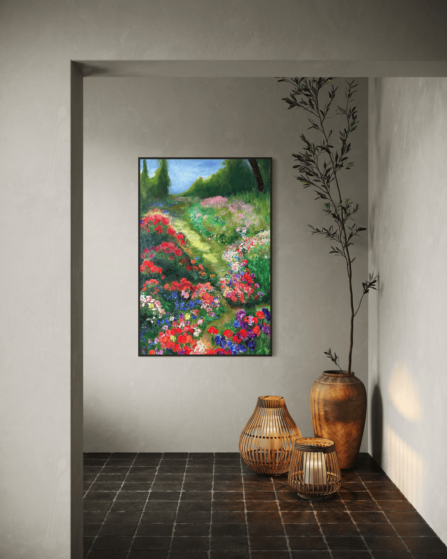 Whimsical Path artwork styled with neutral ceramic vases and warm lighting, colorful impressionist flower path oil painting.