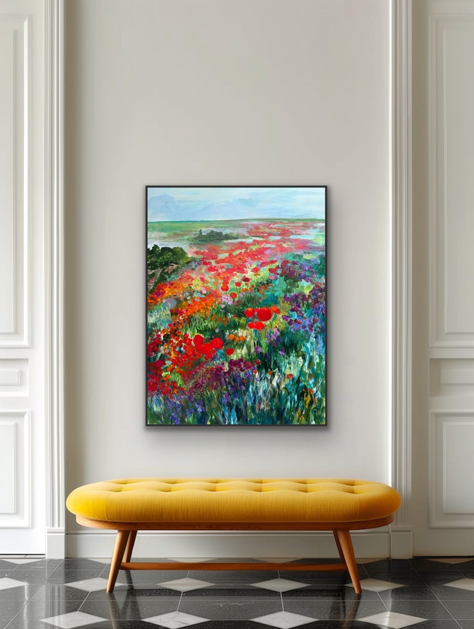 Whimsical Poppy Field original acrylic painting by Maria-Victoria Checa in black float frame — large floral landscape wall art in elegant classic interior