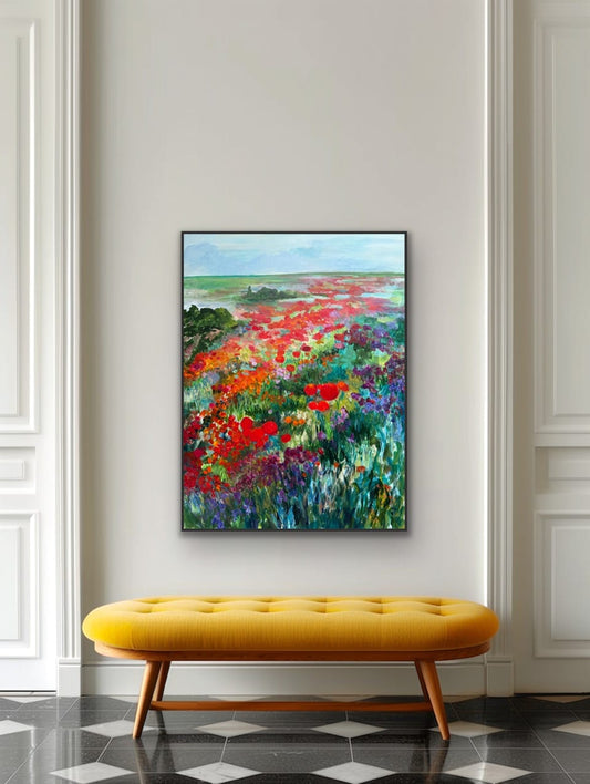 Whimsical Poppy Field original acrylic painting by Maria-Victoria Checa in black float frame — large floral landscape wall art in elegant classic interior
