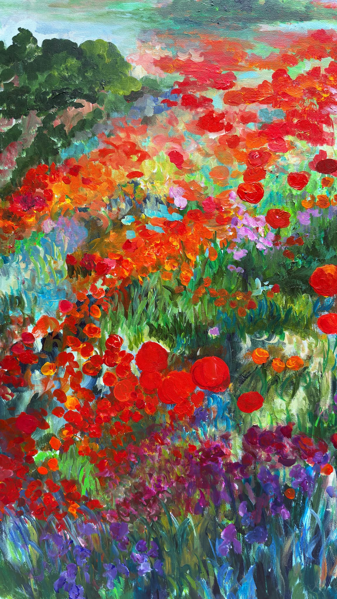 Detail of Whimsical Poppy Field acrylic painting by Maria-Victoria Checa — vivid red poppies, purple irises, and orange wildflowers, expressive palette-knife brushwork