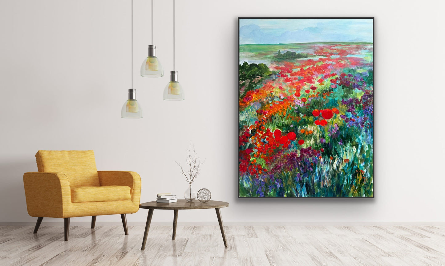 Whimsical Poppy Field large acrylic floral painting by Maria-Victoria Checa — vivid poppy field landscape, black float frame, living room wall art