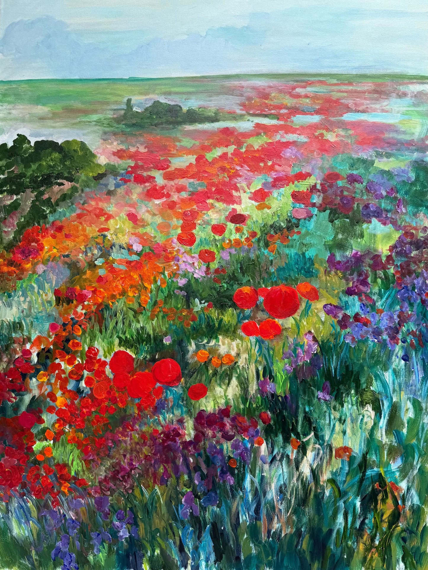 Original acrylic poppy field painting Whimsical Poppy Field by Maria-Victoria Checa — vivid red poppies, magenta and purple wildflowers, impressionist floral landscape, 36x48 inches