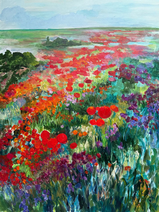 Original acrylic poppy field painting Whimsical Poppy Field by Maria-Victoria Checa — vivid red poppies, magenta and purple wildflowers, impressionist floral landscape, 36x48 inches