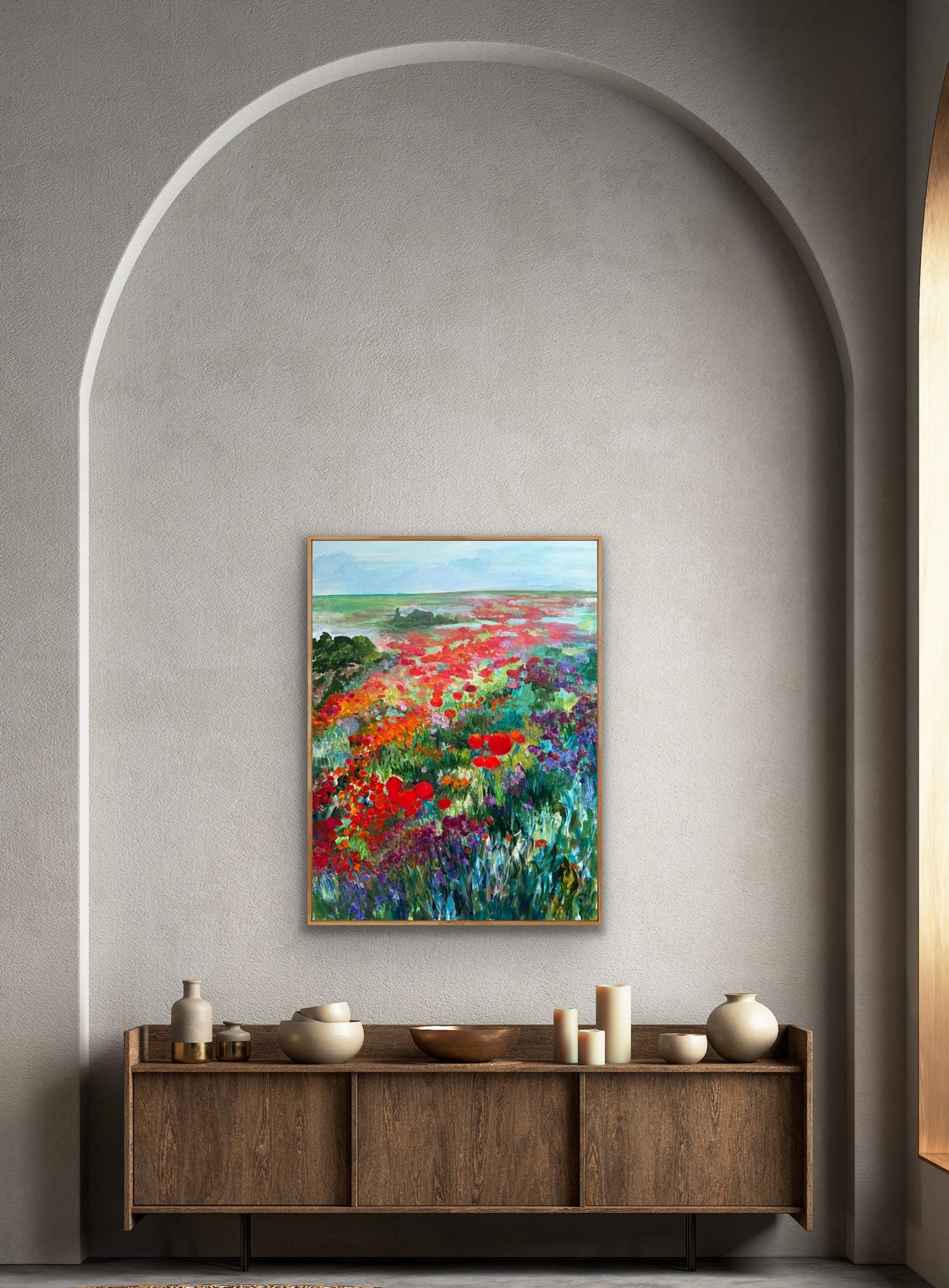 Original acrylic poppy field painting Whimsical Poppy Field by Checa Art — wood float frame, displayed under arched alcove in contemporary interior