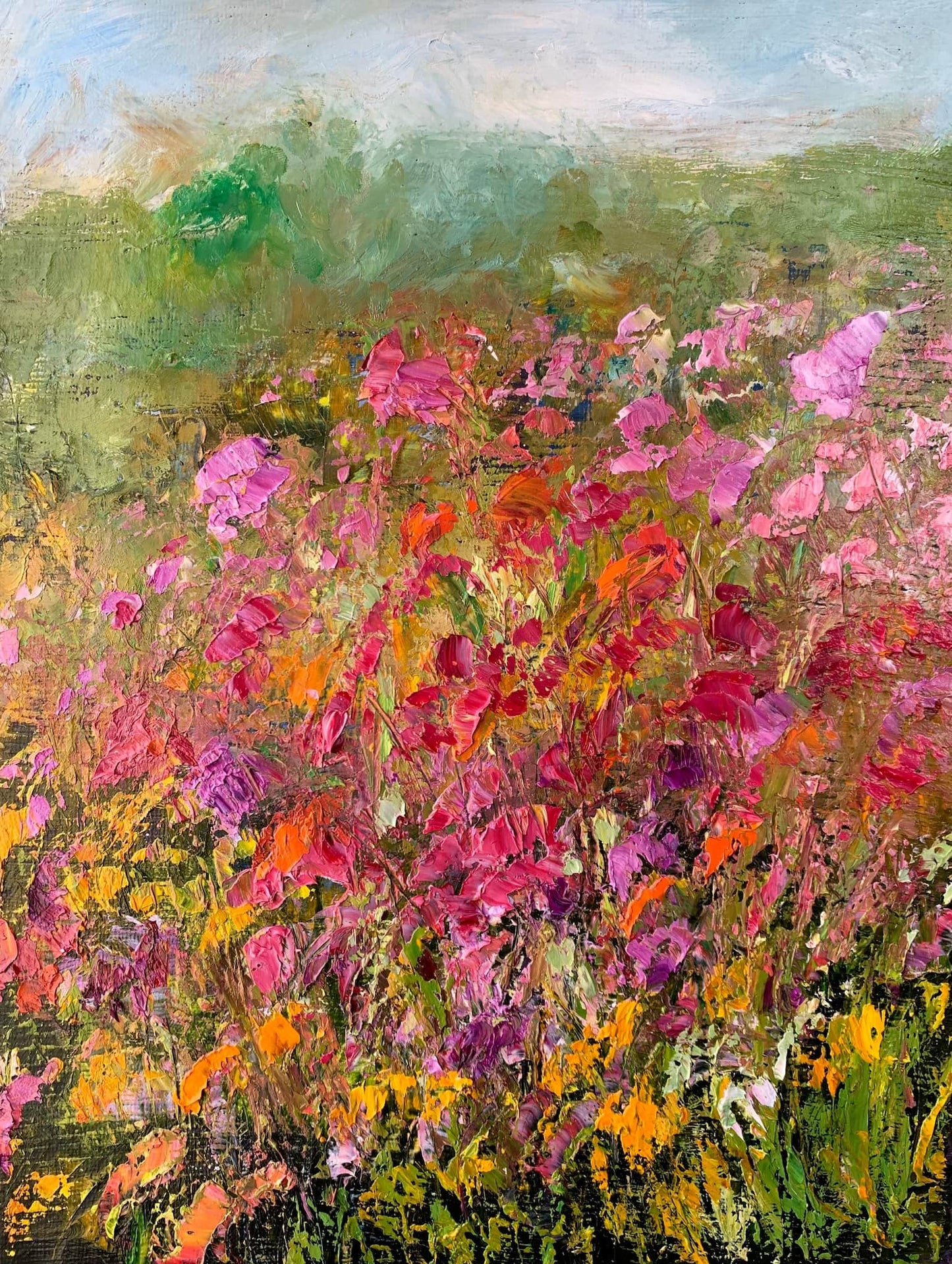 Wild Flowers II, original impressionist wildflower landscape oil painting by Maria-Victoria Checa, 12x9 in, magenta pink and orange blooms with green meadow
