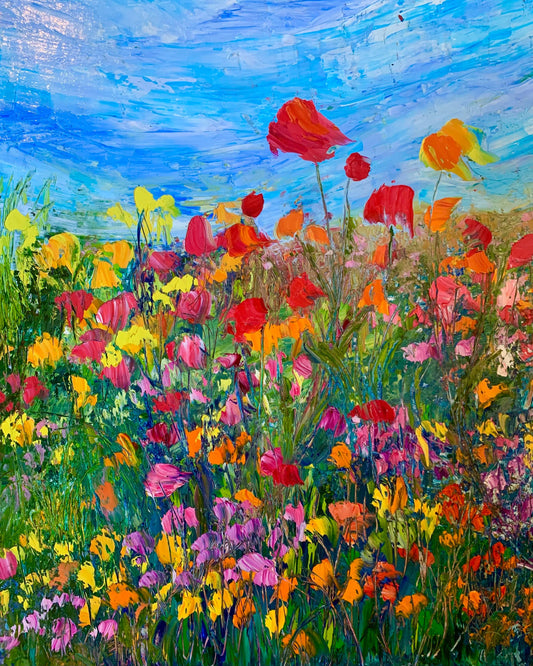 Wild Poppy fine art print by Maria-Victoria Checa featuring vibrant red poppies and expressive floral brushstrokes.
