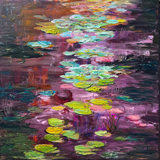 Impressionist landscape painting by Maria-Victoria Checa of a winter water garden with floating lily pads and reflective water.
