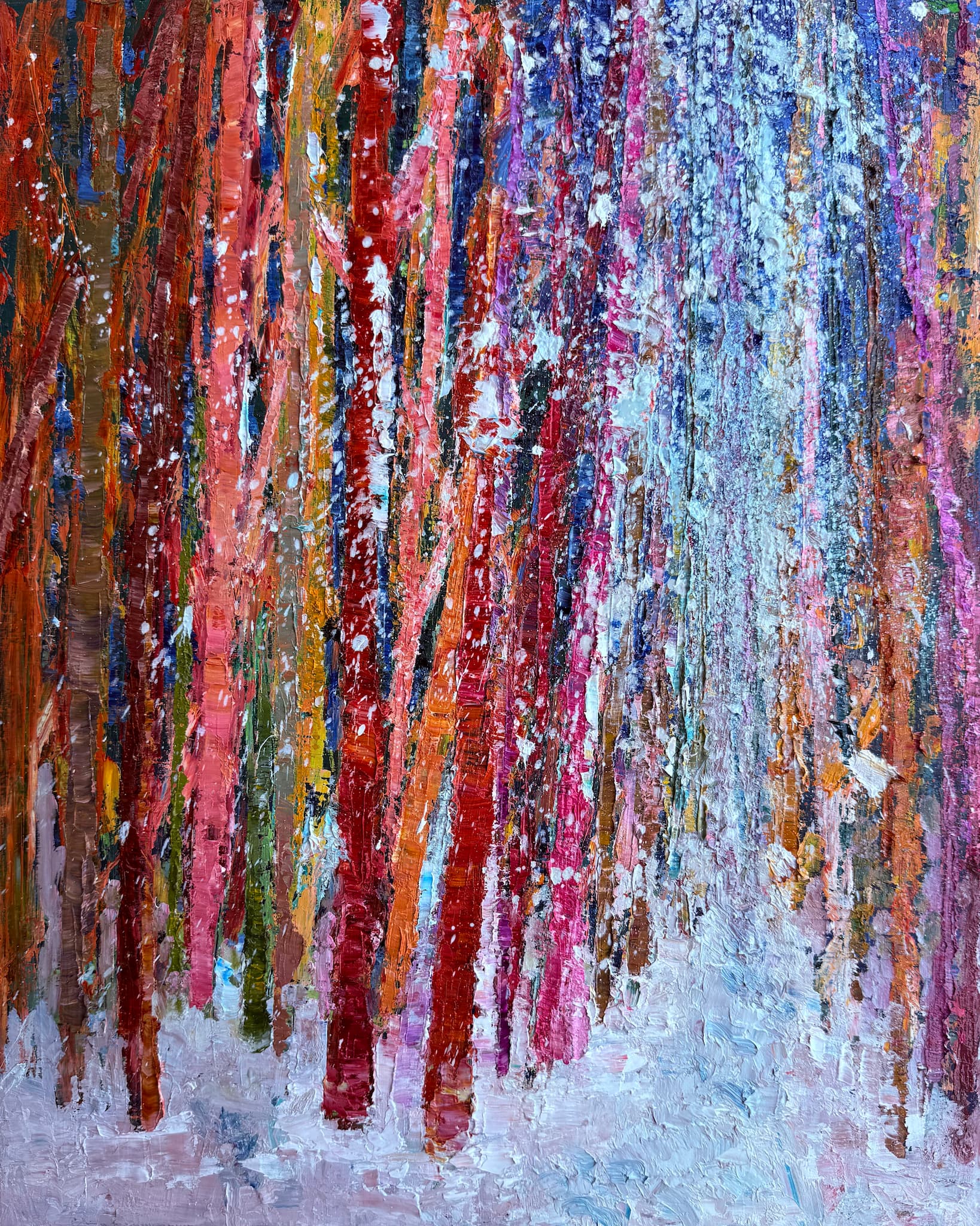 Winter Land Path, an original oil painting by Checa Art featuring vibrant red, orange, and blue tree trunks with textured impasto snow