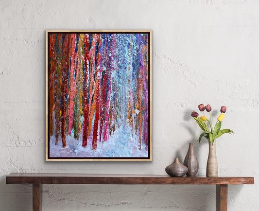 Winter Land Path original oil painting by Checa Art framed and displayed above a wooden console table with tulips