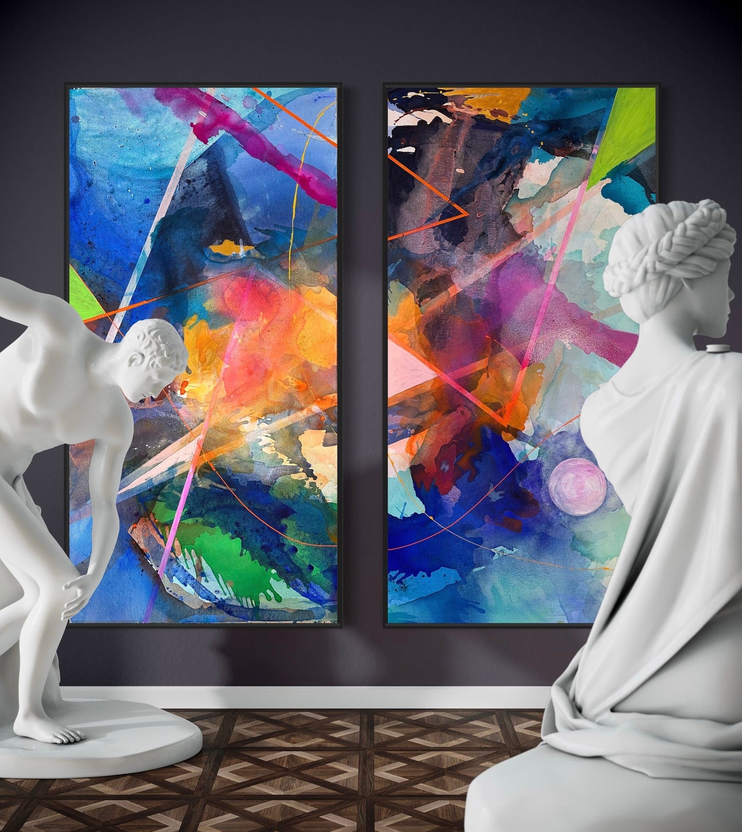 Yin Yang abstract diptych by Maria-Victoria Checa shown in a gallery-style space with classical white sculptures.