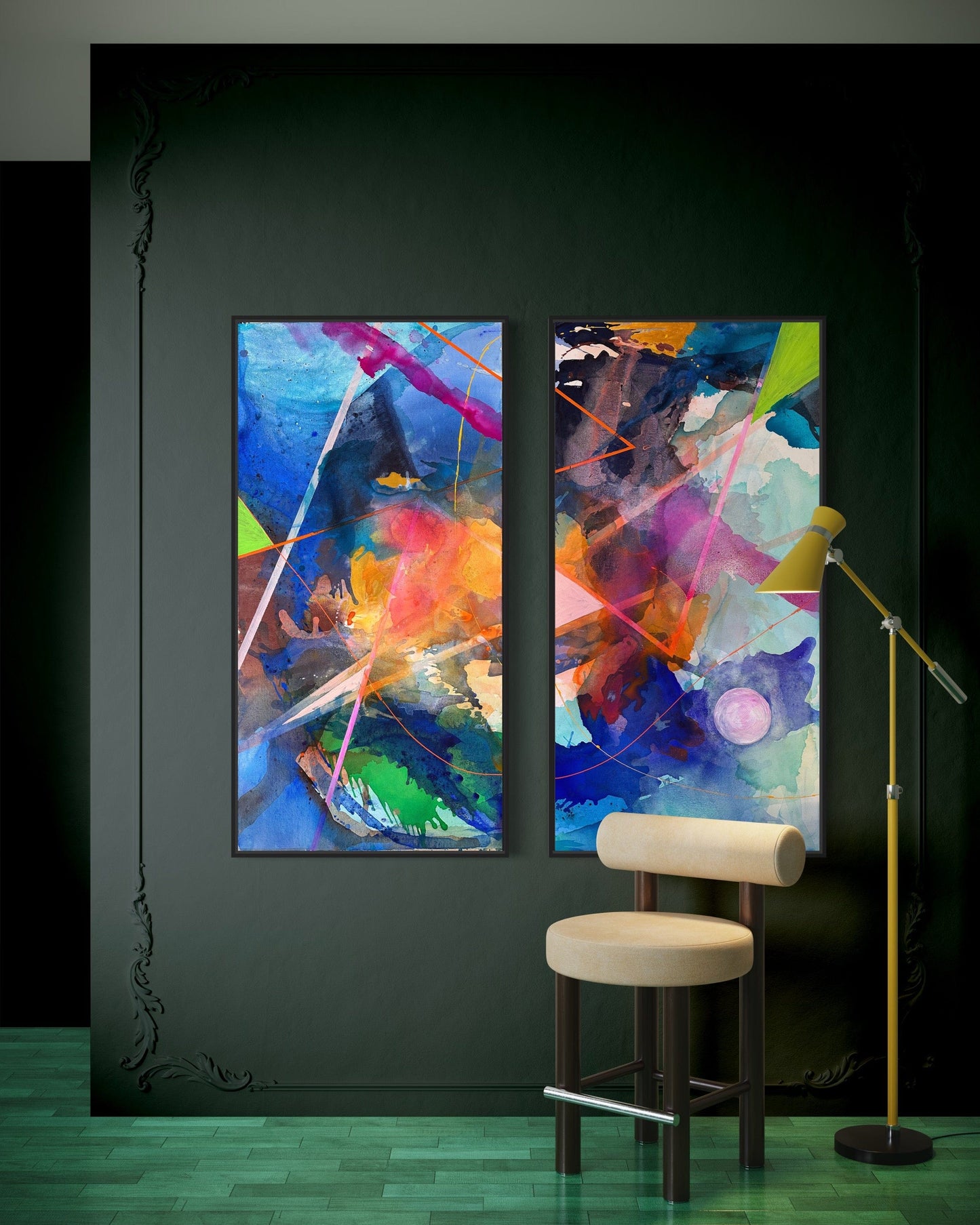 Yin Yang abstract diptych with vibrant colors hanging on a dark green wall in a modern room with a sculptural chair and floor lamp.