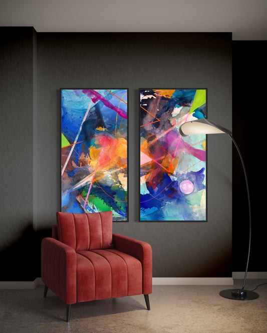 Yin Yang abstract diptych by artist Maria-Victoria Checa displayed above a red modern armchair in a contemporary interior.