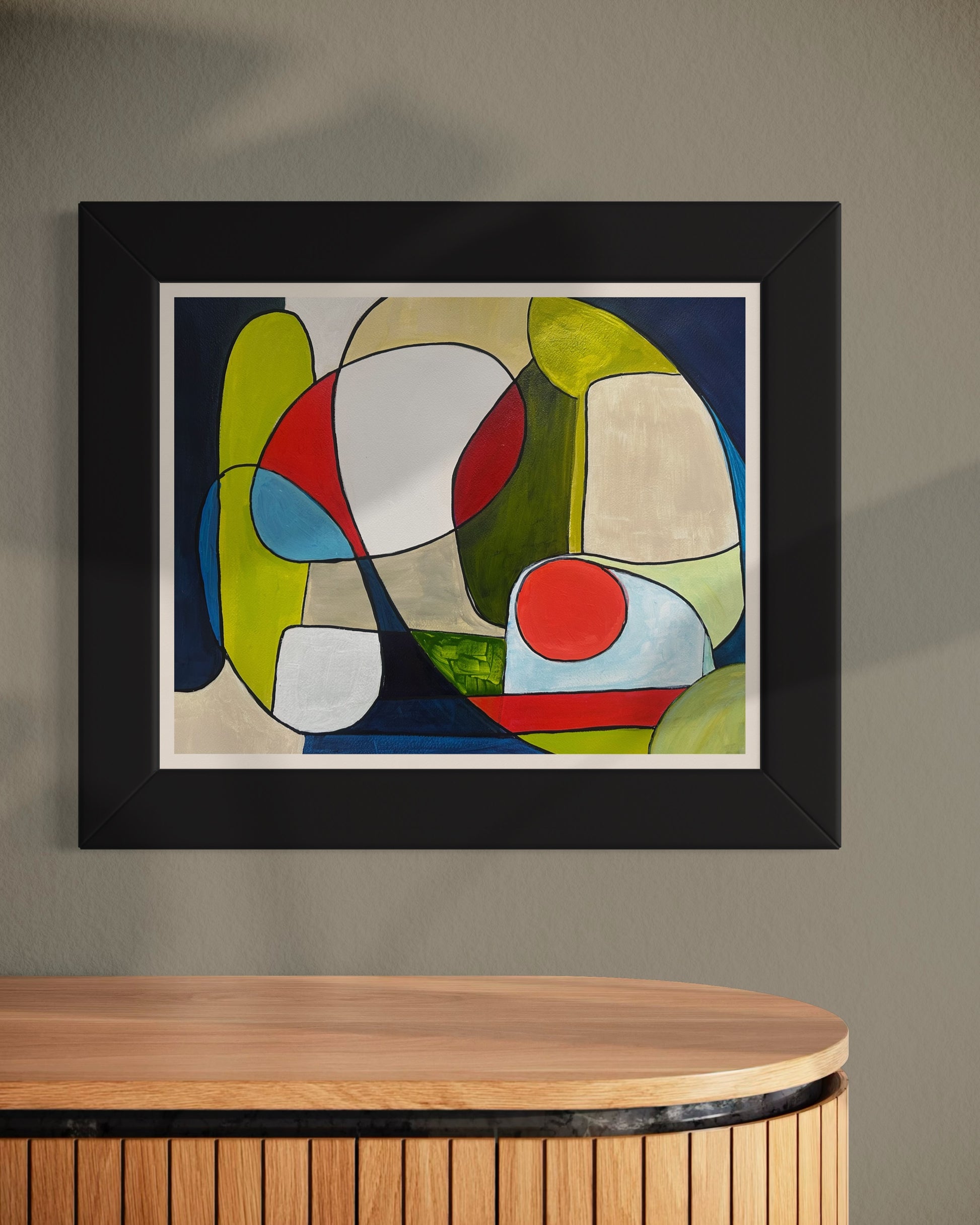 You and Me’ abstract painting by Maria-Victoria Checa shown framed on a gray wall above a curved wood console table.