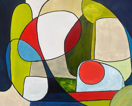 ‘You and Me’ abstract acrylic painting by Maria-Victoria Checa featuring bold organic shapes in red, blue, green, white, and beige outlined in black.