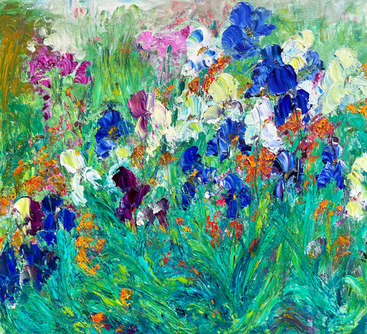 impressionist painting of blue and white irises in a field