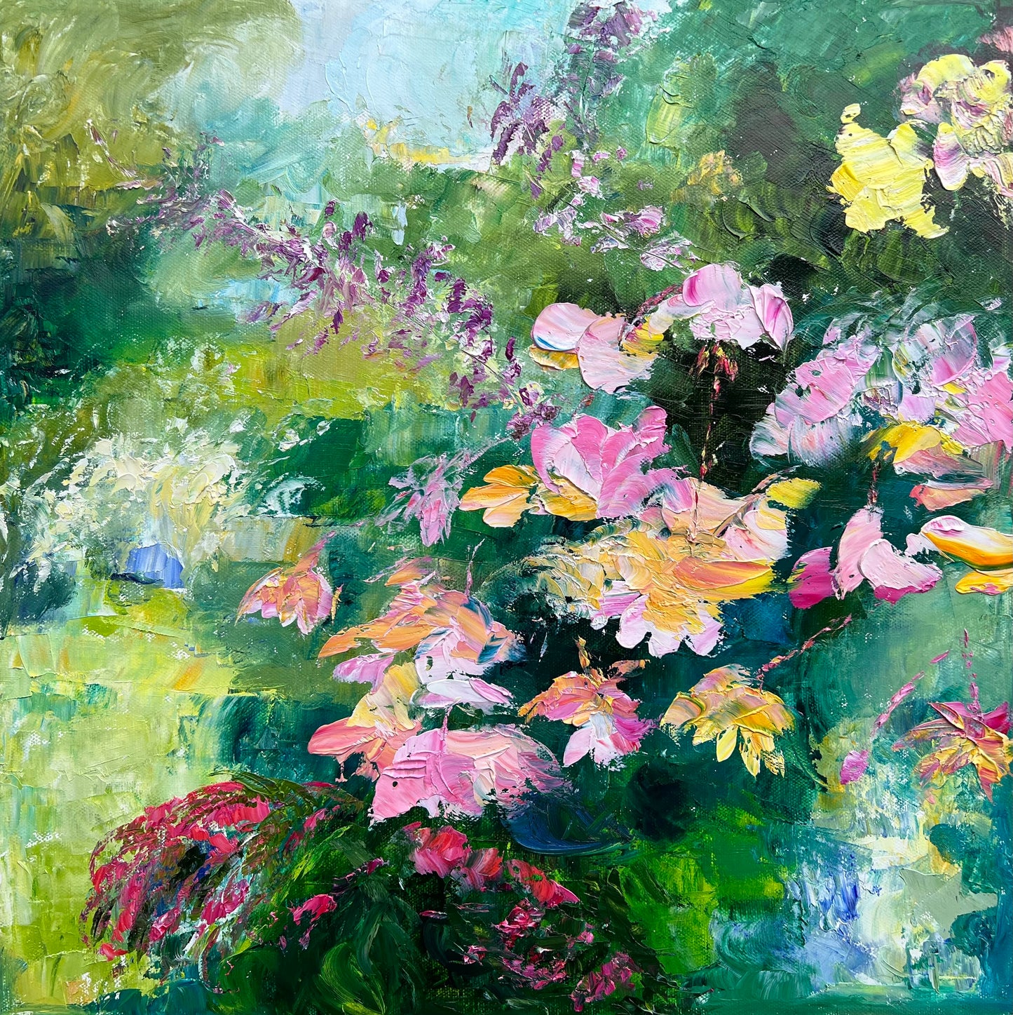 abstract impressionist painting of some pink flowers cascading down some leaves
