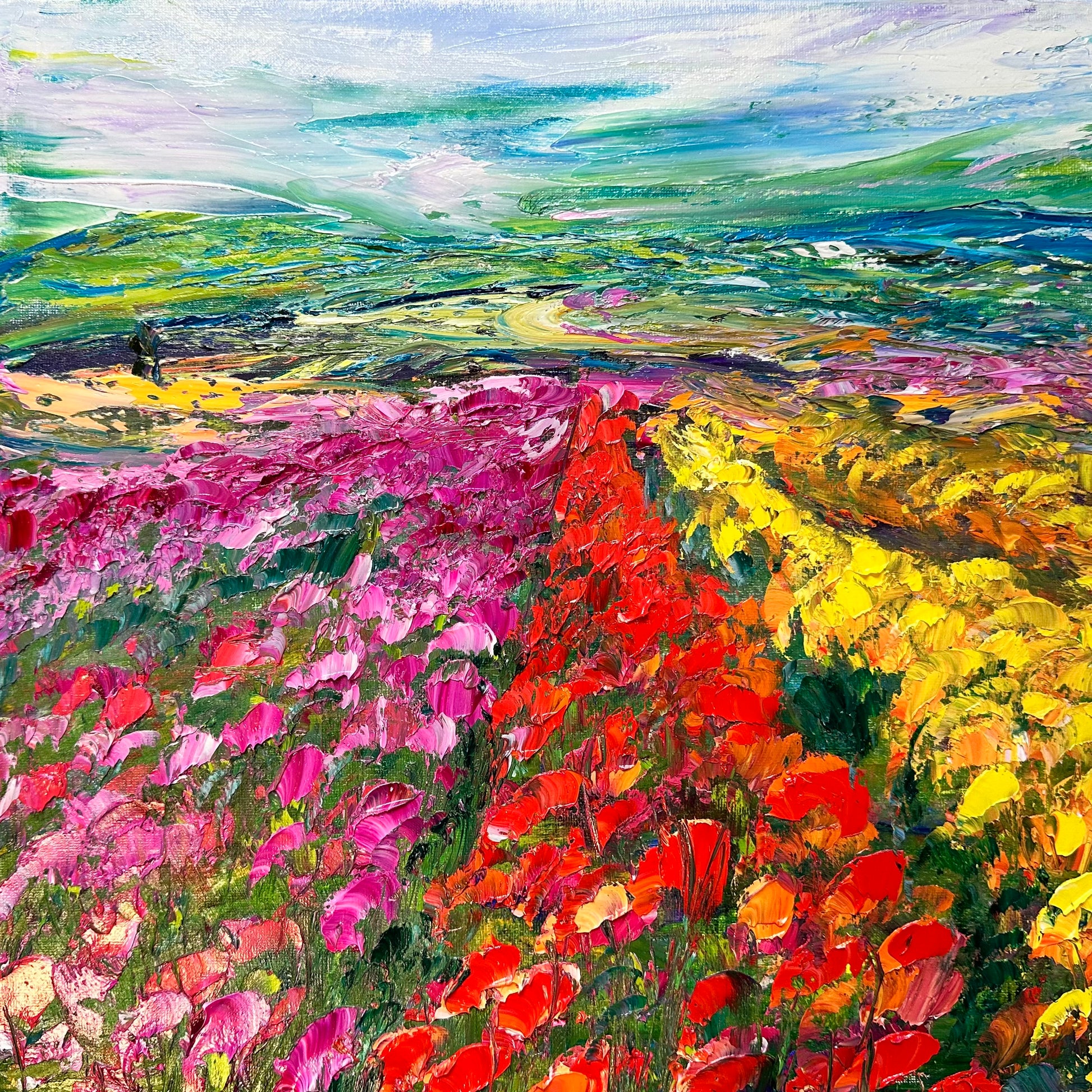 abstract impressionist oil painting of rows of orange and purple flowers in perspective, measuring 14" x 14"