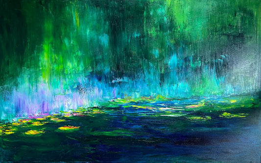 Fairy's Cove II, original impressionist water lily oil painting by Maria-Victoria Checa, 39x25 in, luminous green teal canopy with cobalt water and lily pads