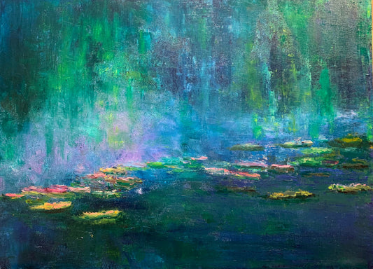 abstract impressionist oil painting in blues and greens with touches of purples and yellows depicting a cove
