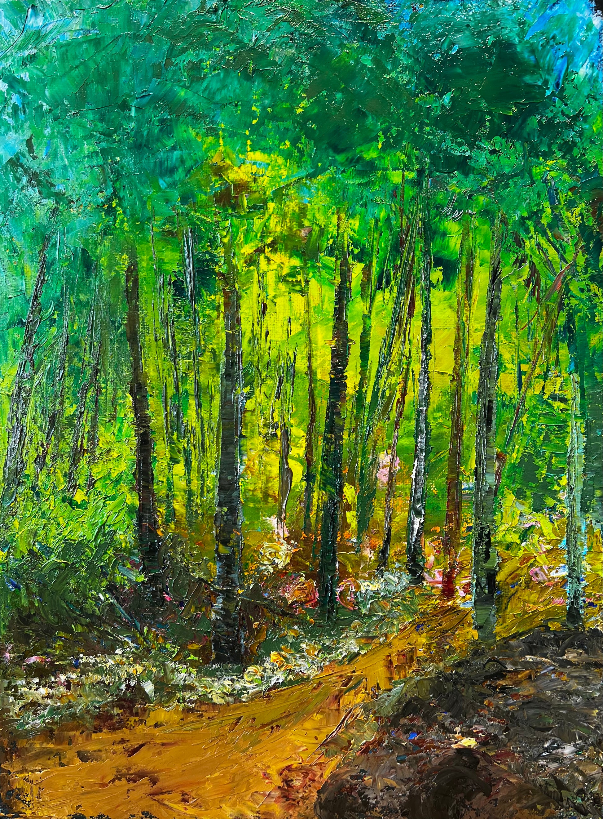 Abstract impressionist painting of a path through a forest with light dappling through the leaves in the background