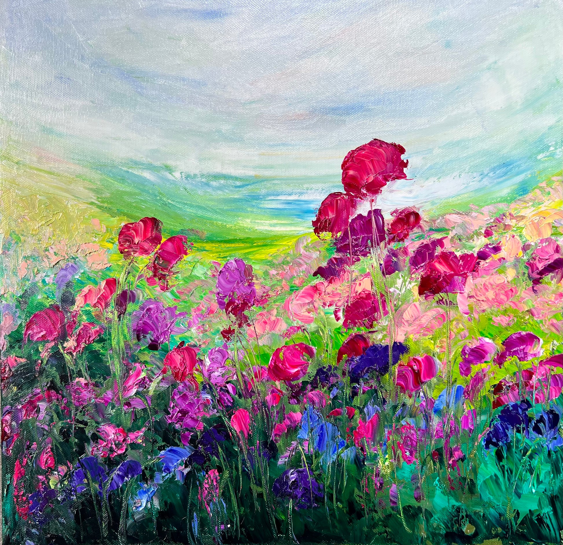 16" x 16" abstract impressionist oil painting of a field of carnations in purples and pinks