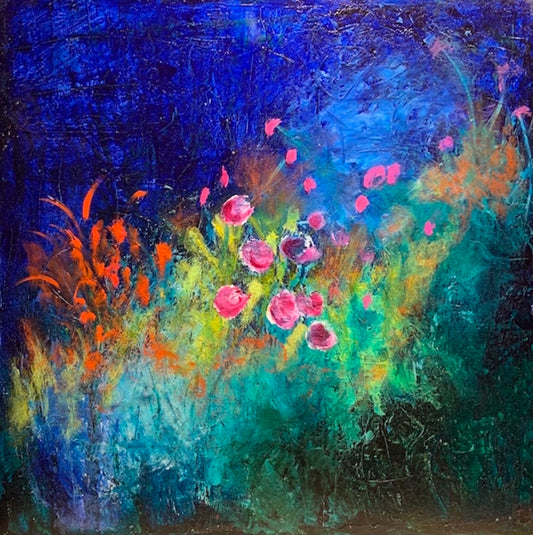abstract impressionist acrylic painting of a field of flowers at night in the moonlight of size 20" x 20"