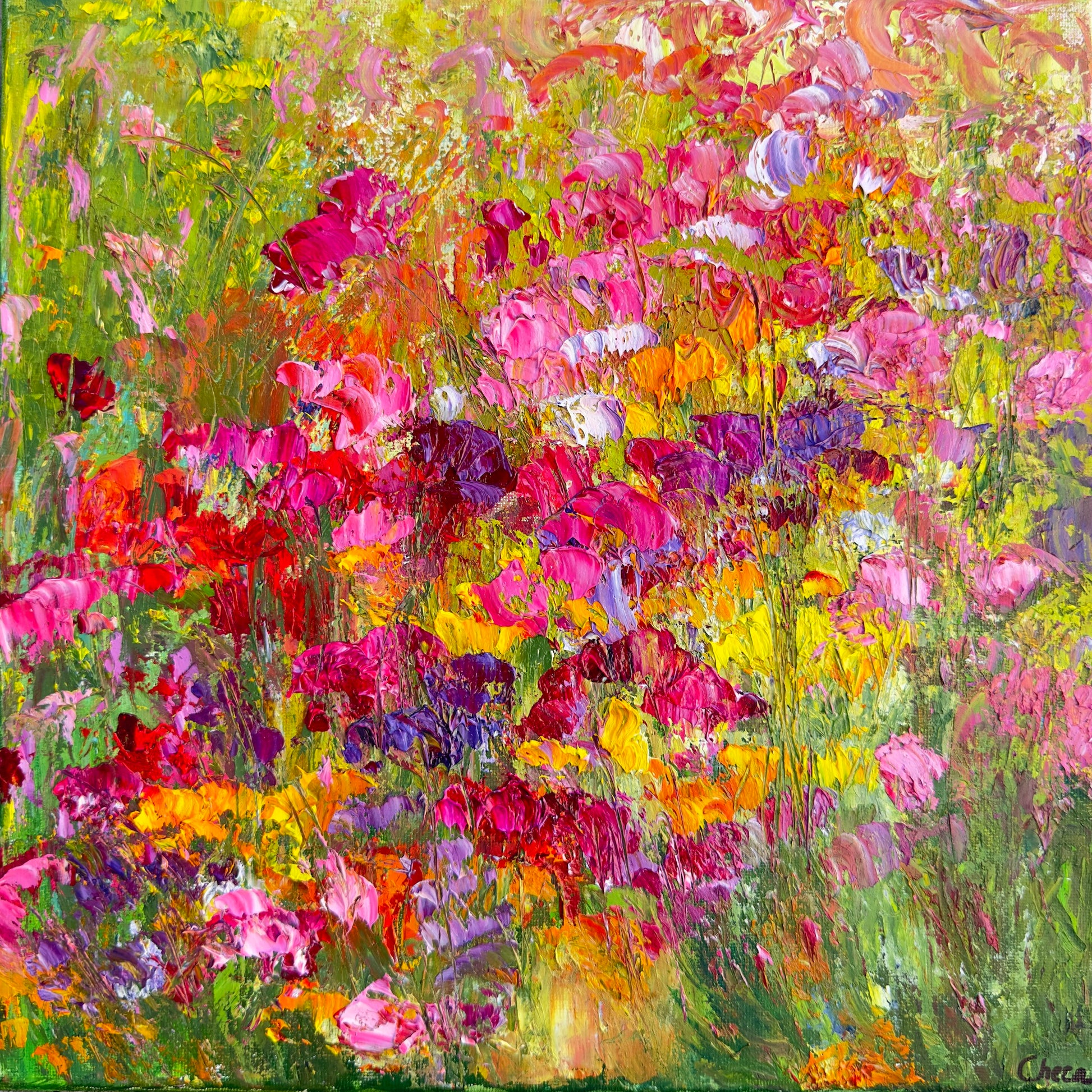 abstract impressionist oil painting of a close up of wild flowers in pinks and yellows measuring 12" x 12"
