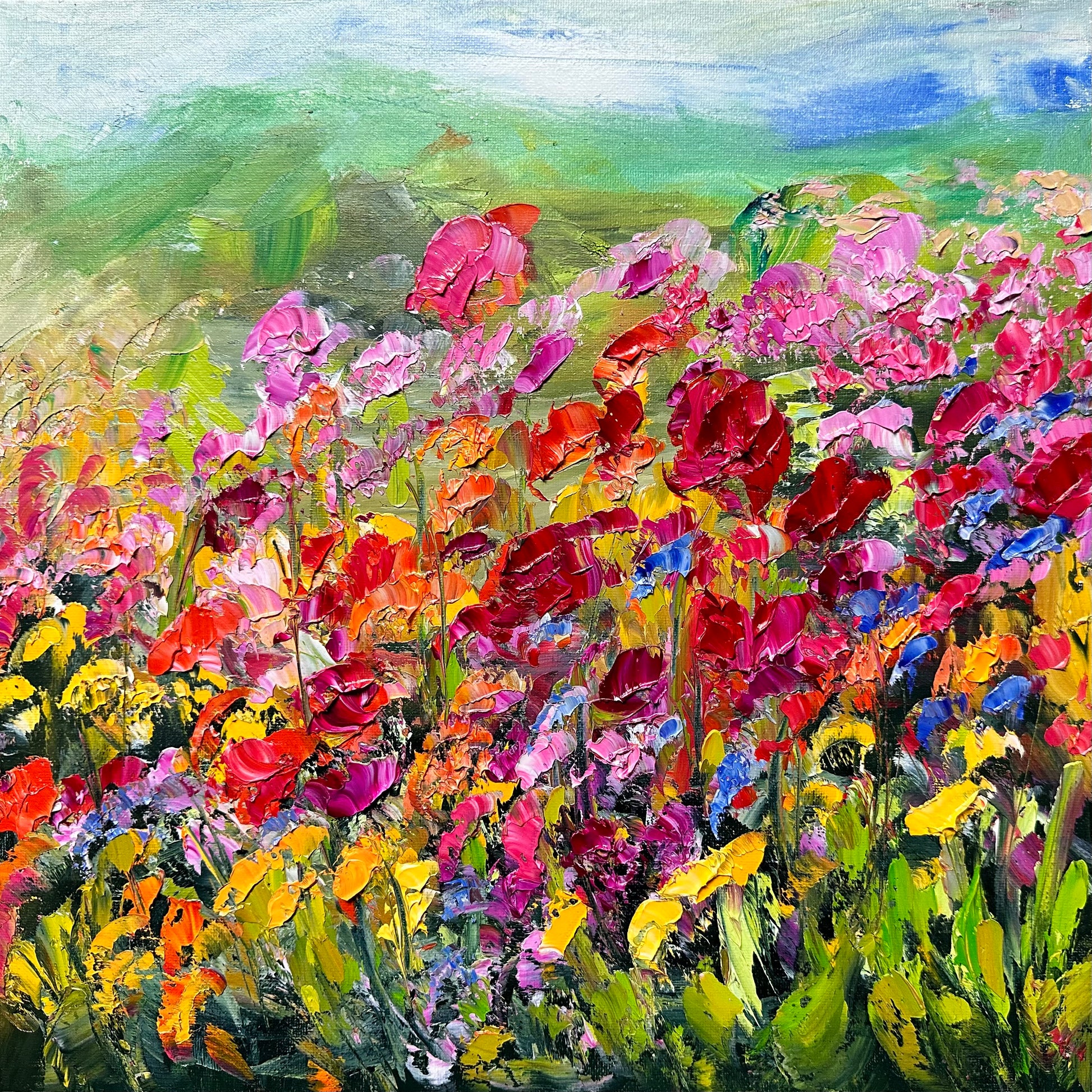 abstract impressionist oil painting of a flower field of all colors measuring 14" x 14"
