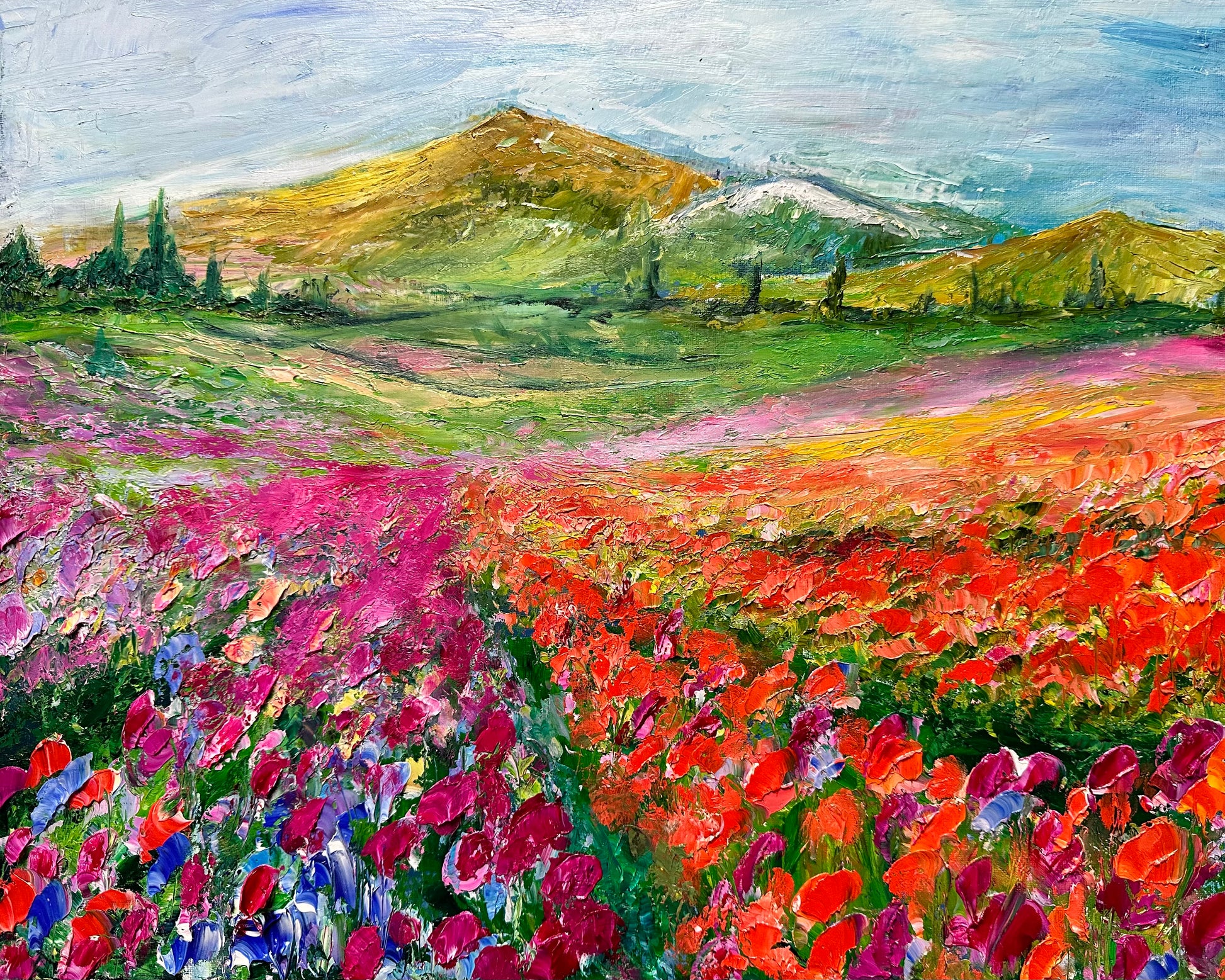 abstract impressionist oil painting of rows of orange and purple flowers with mountain in the background, measuring 16" x 20"