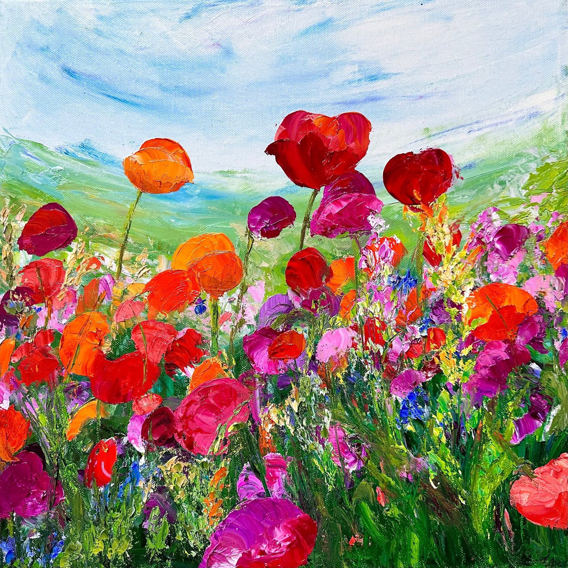 abstract impressionist oil painting of a field of flowers in tones of  of oranges and purples 