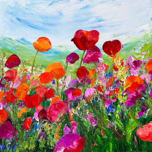 abstract impressionist oil painting of a field of flowers in tones of  of oranges and purples 