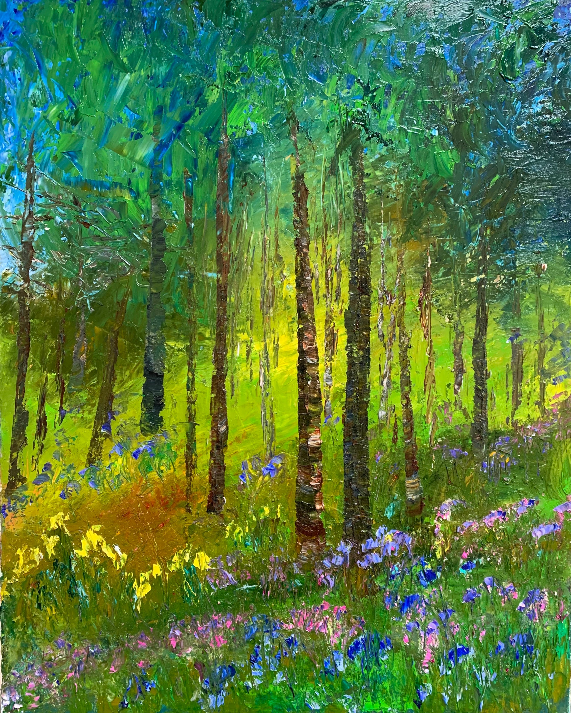 16" x 20" impressionist painting of a forest with light in the background and flowers in the foreground.